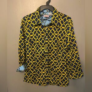 Tizzie from Dizzy Lizzie Shirt - Yellow and Blue Geometric Patterned Blouse